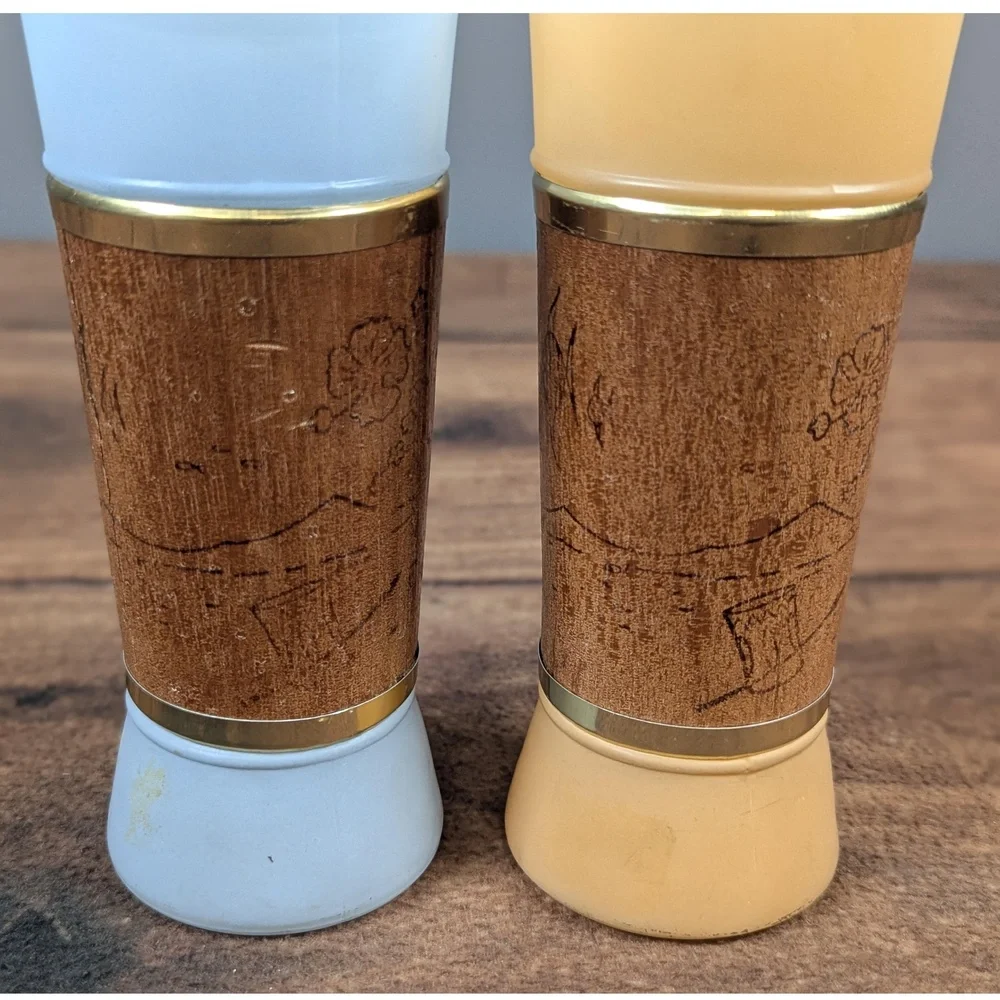 MCM Siesta Ware Drinking Glasses Set Of Four Frosted Glass Wood Accent Gold Trim